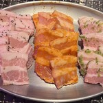 ベジテジや 北方店 - 左から、センサムギョプサル、カルビ、ネギ