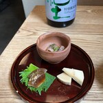 Teuchi Soba Senkichian - １杯セットの肴　上より、ホタルイカオイル漬、筍、奈良漬け
