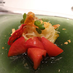 クッチーナ イタリアーナ ガッルーラ - 2014.02　本ミル貝の冷製カッペリーニ・ﾌﾚｯｼｭﾄﾏﾄ・ﾄﾏﾄﾁｯﾌﾟ・ﾄﾞﾗｲﾄﾏﾄを添えて