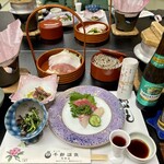 Fudou Onsen Sawaya - ようぞめ酒
                        いくちとほうれん草の和え物
                        鮪・帆立・鯛