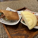 Imaishi Hanten Suzuka - ホタルイカのトマト炒めとチーズの春巻き  海老油を使った海老のカレー炒め カレー蒸しパン