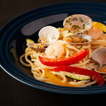 Aglio e olio with seafood and seasonal vegetables