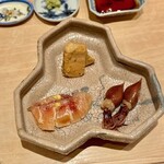 鮨 はしもと - 2024.4.  鮟肝・真加治木の生ハム仕立て・蛍烏賊の味噌漬け