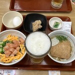 なか卯 - いか明太丼　小きつねうどん　唐揚げ　生卵　生ビール