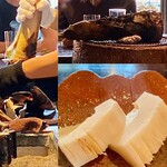 たでの葉 - 筍 炭火蒸らし焼き 福岡県合馬産
      大きな皮付きの筍を、我々の来店前からじっくりと小一時間、炭火蒸らし焼きに。
      あく抜きはしてませんがえぐみは軽く、ホクホクとして美味。