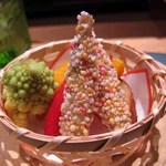 懐石カフェ 蛙吉 - 14年2月　裏参道
      旬のワカサギや色々な野菜のフォンデュ風
      トマトとイカ墨の鳥居カラーのソース付き
      