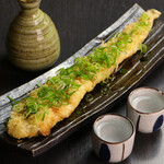 Conger eel tempura with green onion and soy sauce