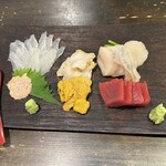 Fujiya - 刺身盛り合わせ　かわはぎ、つぶ貝、生ウニ、帆立、本鮪