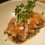 熟成させた佐渡産寒鰤　ブロッコリーのスプラウトと卸し大根　飛び子とトンブリ