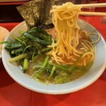 横浜家系ラーメン 黄金家 - 並盛りラーメン（ほうれん草トッピング）麺アップ