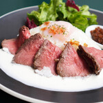 Roasted beef rice with soft-boiled egg and lefort sauce