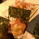 寿司 牡蠣 新宿スシエビス - 極みユッケと雲丹いくらミルフィーユ　海苔巻きで！