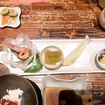 手打ちそばたか木 - たか木そば膳の前菜四種