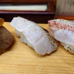 いなせ寿司 - 炙り三巻（和牛、太刀魚、金目鯛）