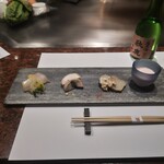 Teppanyaki Doujima - 前菜４種　左のビシソワーズの変形だけ覚えてました