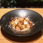 Light cream with sakura shrimp, ricotta and spring onions