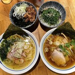 Chuuka Soba Mizukawa - 海苔汐そば¥980内(左下)、中華そば¥930内(右下)、、C定食(こま切れチャーシュー丼)¥200内(左上) 、B定食(しそごはん)¥200内(右上)　どれも美味い！ご飯は次回も絶対につけよう。