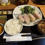 Aoharu Shokudou - シャ豚ブリアン定食　黄身タレ、胡麻タレ、わさび、からし、塩