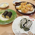 Kyuushuu Hakata Daikichizushi - おしんこ巻き、釜揚げしらす、イカの天ぷら。