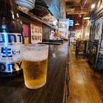 Okonomitamachambiba - お酒①サントリー・トリプル生(瓶ビール、サントリー)(税込660円)
                        ビルの基礎が剥き出しの天井、木板張りの床、コンクリート壁(イラスト&サイン)、木製カウンター&木製テーブル、下町の居酒屋的な雰囲気