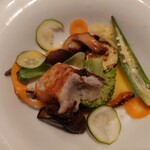 ベルエキップ - 野菜サラダを好んで食べない僕でも
      この野菜は毎食食べたいなあと思える
      旨味ある好みな味わい
      香ばしい椎茸や野菜、食感を残した野菜など
      いろいろな野菜の素材の変化を
      コクのあるソースで楽しむことが出来る