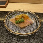 鮨 しみず - 北海道の鱒　デコポン　アスパラガス　粒マスタード