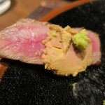 鳥茂 - フォアグラの醤油・日本酒・味醂漬け、牛肉と奈良漬けと合わせて3