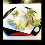 郷土料理ともん - 山菜天麩羅《右上から時計／アザミ（沢アザミ）・コシアブラ・大イタドリ・フキノトウ・タラの芽・ウコギ（タカノツメ）》　　byまみこまみこ