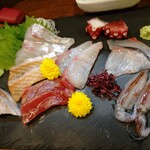 海鮮居酒屋 義丸 - ・２切７点盛(１〜２名様限定)1280円(外税)
            大将おまかせ3点盛りを頼んだら、２切７点盛をお薦めしていただきました。こういうちょっとした気づかい素敵ですね。
            この価格でこの量と質、素晴らしい★★★