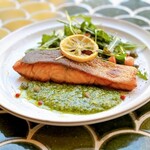 Grilled salmon with parsley and anchovy green sauce