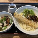 Shirakawa Seimenjo - 竹輪天温玉ぶっかけ  塩サバといかオクラ椎茸旨煮丼