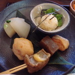 Mizuki - 本日のおばんさい
                        大根煮物、飛竜頭煮物、生麩焼き物、鴨治部煮、ポテトサラダ