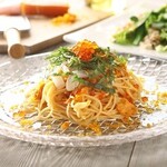 Cold pasta with mullet roe, sea urchin and salmon roe