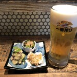 たまや 吉祥寺 - 前菜３種と我慢できなく注文した生ビールw
