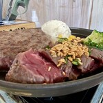 GRILL FUKUYOSHI - ◉とろけるハンバーグと熟成ハラミステーキのコンボ】
                サイズはM (Hamburg 150g + Steak 80g) 
                
                ◉ ライス・千切りサラダ・スープセット（食べ放題）