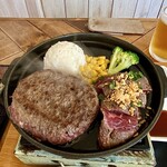 h GRILL FUKUYOSHI - ◉とろけるハンバーグと熟成ハラミステーキのコンボ
      サイズはM (Hamburg 150g + Steak 80g) 
      
      ◉ ライス・千切りサラダ・スープセット（食べ放題）