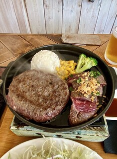 GRILL FUKUYOSHI - ◉とろけるハンバーグと熟成ハラミステーキのコンボ
                        サイズはM (Hamburg 150g + Steak 80g) 
                        
                        ◉ ライス・千切りサラダ・スープセット（食べ放題）