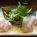 大納言本家 - 刺身盛り合わせ（甘鯛霜降り・真鯛昆布〆・さより）