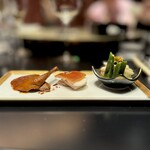 244595102 - Barbecued Appetizers -Chilled Razor Clam with Sichuan Green Pepper -Roasted Suckling Pig -Tea Smoked Pigeon in HomemadeSoya Sauce