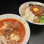 豚風。 - 限定『台湾つけ麺』（1,300円）＋燻製うずら（150円）＋豚増し（150円）、ニンニクコール