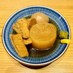 博多食堂 いっかく - 大根198円、よくしゅんでる。柚子胡椒でビールが進む。玉子198円、固茹で。厚揚げ198円、よくしゅんでる。