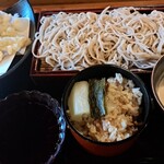 手打そば 武蔵屋 - おすすめセット舞茸天ぷら、ゴマのつけ汁のお蕎麦、しめじご飯