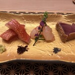 鮨 冨味 - お造り（金目鯛昆布締め、牡丹海老、鰹の漬け）