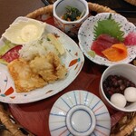 和食麺処サガミ - 純和鶏チキン南蛮、お刺身、小鉢、デザート