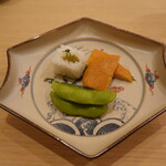 すし処 睦月 - 蕗のすし、平貝明太子焼き、枝豆