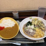 清水や - 全体像。冷やしかけそばに茄子天に天かすは無料。