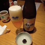 Hiranuma Tanakaya - 瓶ビール、お通し（そば味噌）