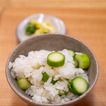 Yukimoto - 2024.4 グリーンアスパラガスご飯と香の物（春キャベツ）