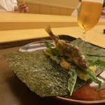 のぐち 継 - 鮎の天麩羅の手巻き寿司