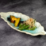 Manganji Shishito Peppers and Kamo Eggplant Sauteed with Garlic